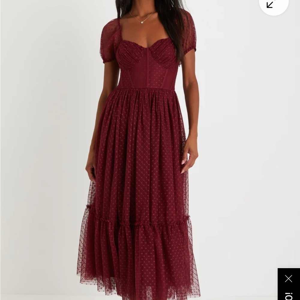 Lulu's Deep Red Tulle Dress with Textured Sleeves - Picture 7 of 7